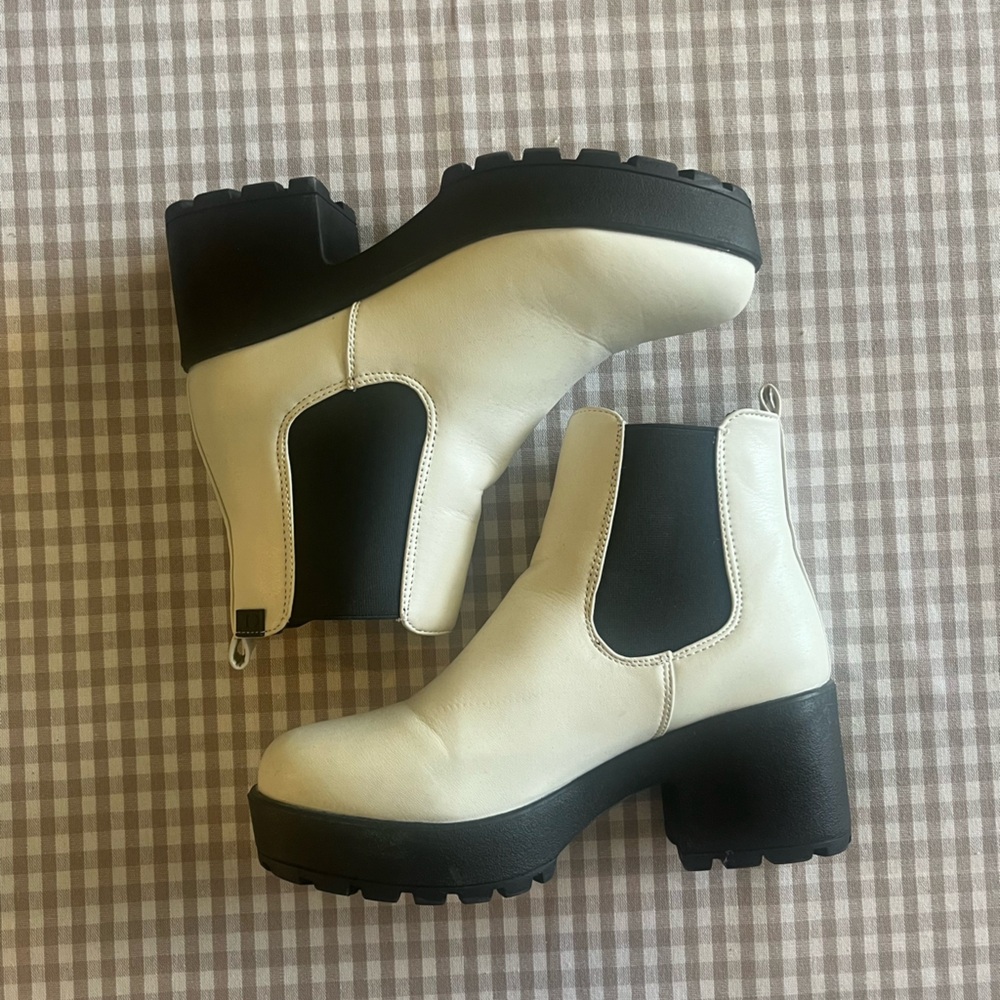 White and Black Slip On Wedge Boots